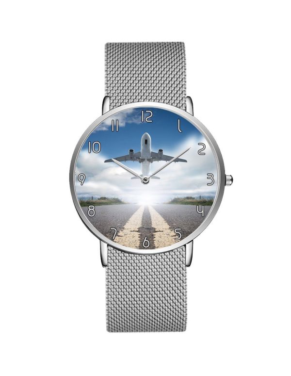 Taking Off Aircraft Printed Stainless Steel Strap Watches on Sale