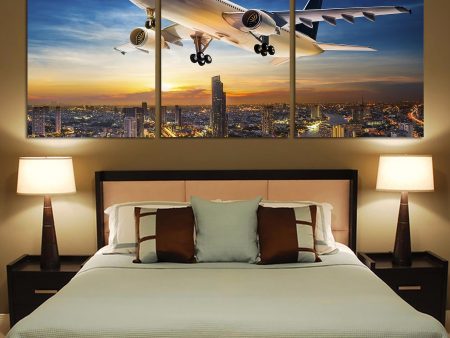 Super Aircraft over City at Sunset Printed Canvas Posters (3 Pieces) Fashion