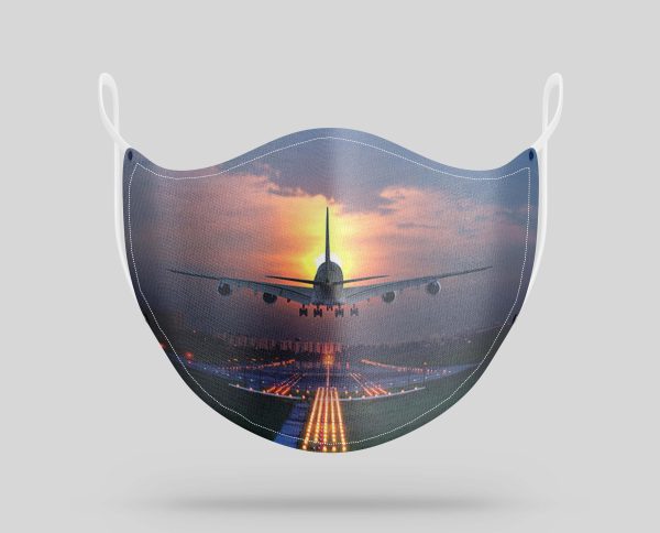 Super Airbus A380 Landing During Sunset Designed Face Masks on Sale