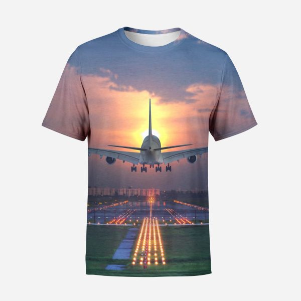 Super Airbus A380 Landing During Sunset Printed T-Shirts For Cheap