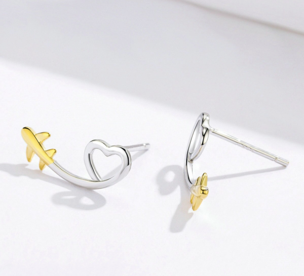 100% 925 Sterling Silver & Gold Airplane Shape Earrings Discount