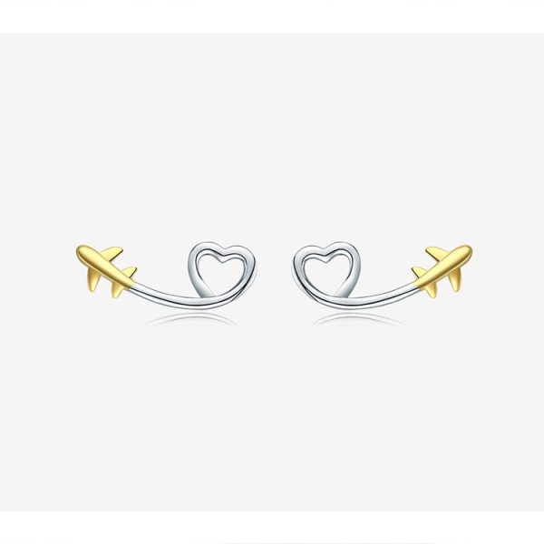 100% 925 Sterling Silver & Gold Airplane Shape Earrings Discount