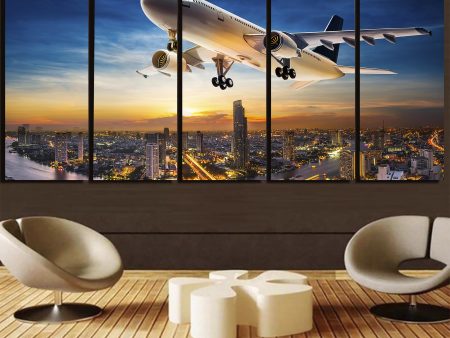 Super Aircraft over City at Sunset Canvas Prints (5 Pieces) For Sale