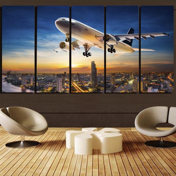 Super Aircraft over City at Sunset Canvas Prints (5 Pieces) For Sale