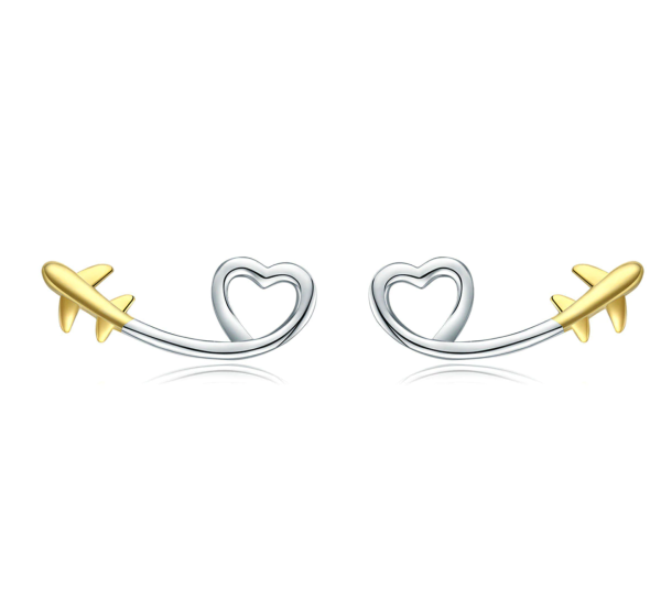 100% 925 Sterling Silver & Gold Airplane Shape Earrings Discount