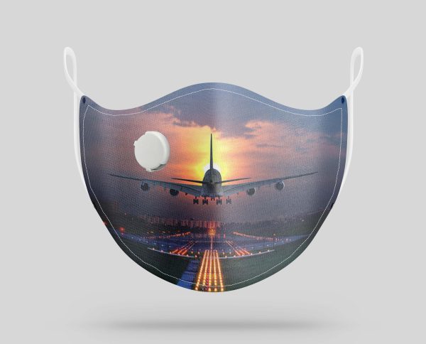 Super Airbus A380 Landing During Sunset Designed Face Masks on Sale