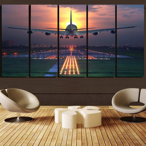 Super Boeing 747 Landing During Sunset Printed Canvas Prints (5 Pieces) Hot on Sale